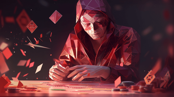 A poker player surrounded by thought bubbles showing different scenarios, equations, and cards. The player wears a contemplative expression, representing the mental aspects and complexities of GTO poker.